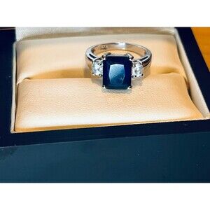 Cocktail Ring with Emerald Cut Blue Synthetic Sapphire